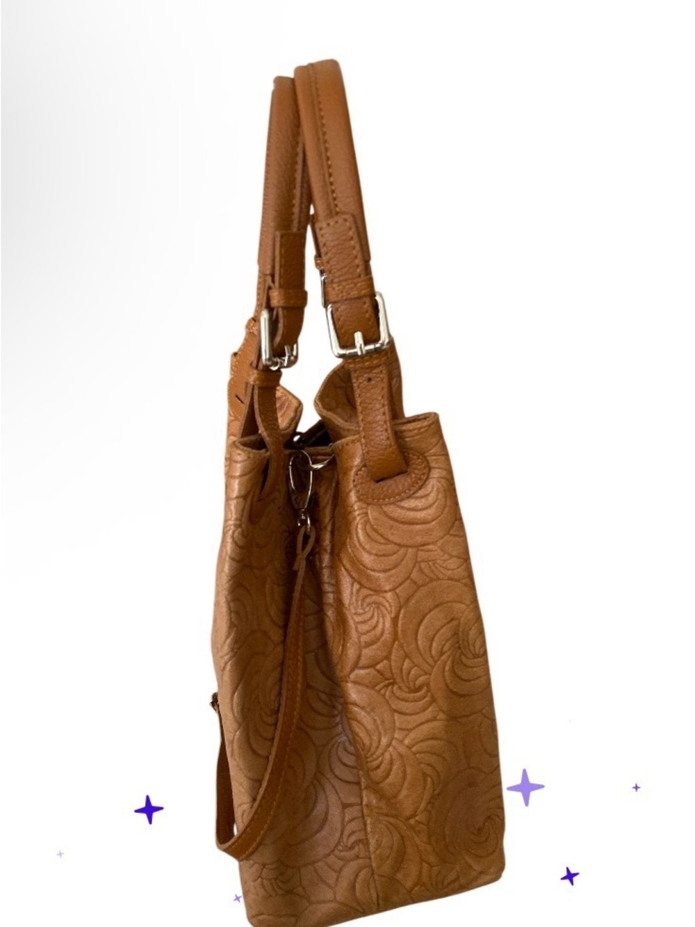 Italian-made genuine leather tote featuring a distinctive embossed swirl floral - Picture 3 of 10